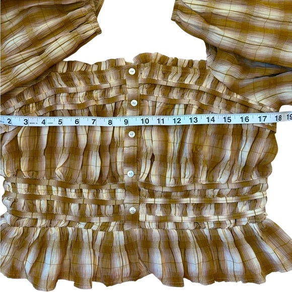 Bohme Brown Beige Plaid Smocked Blouse Size Large - Picture 12 of 13